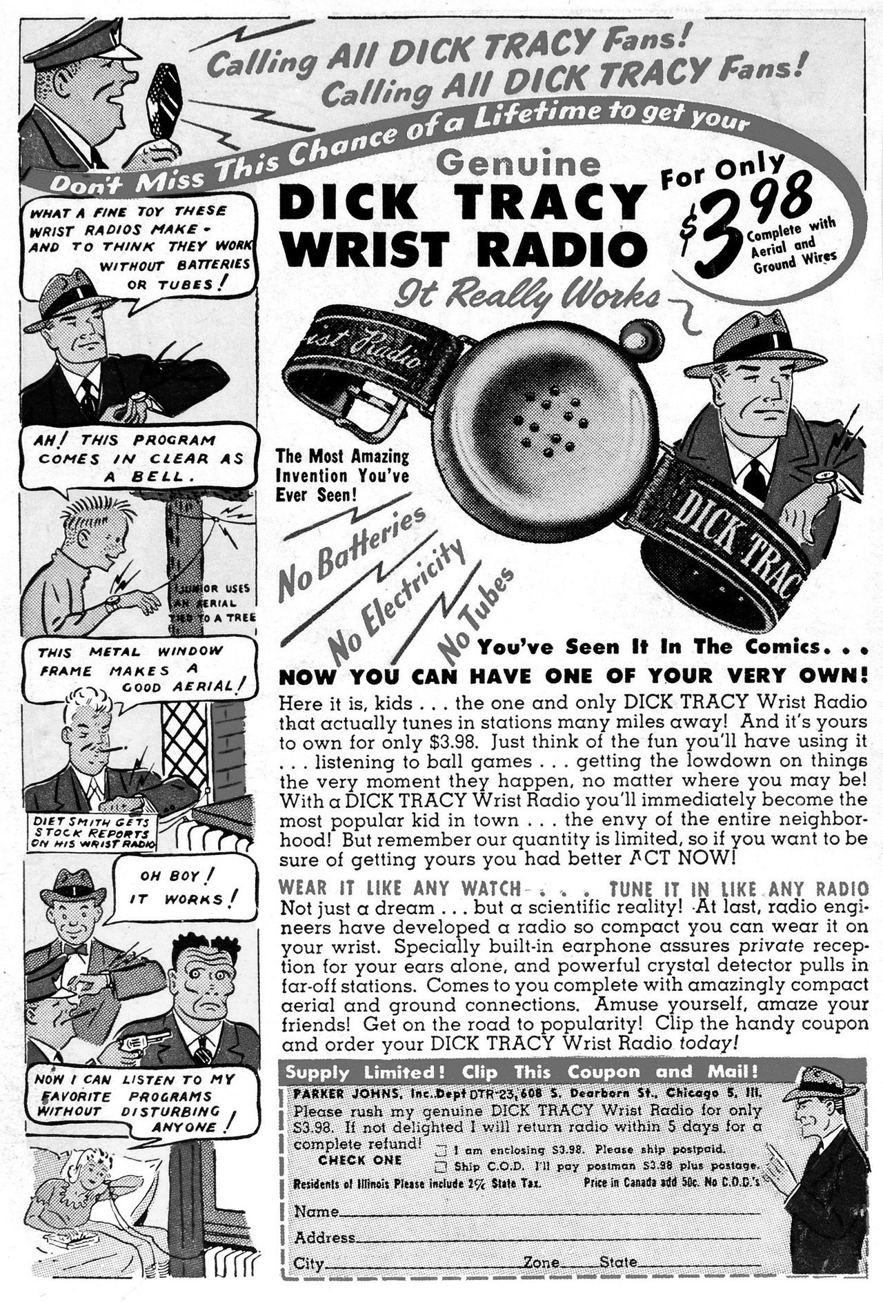 An advertisement for a Dick Tracy wrist radio.
