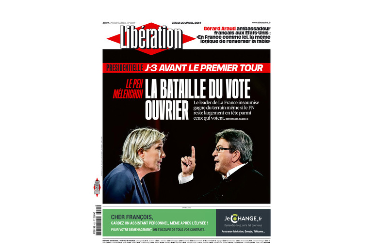 The cover of Libération, 20. April 2017.